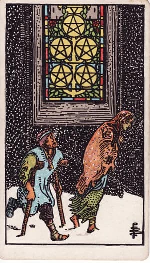 Five of Pentacles tarot card from the Rider-Waite-Smith deck