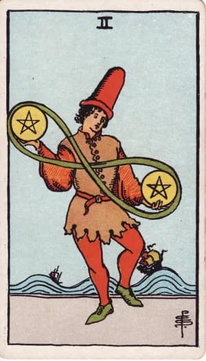 Two of Pentacles tarot card from the Rider-Waite-Smith deck