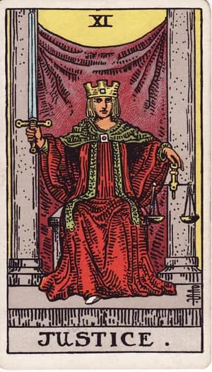 Justice tarot card from the Rider-Waite-Smith deck
