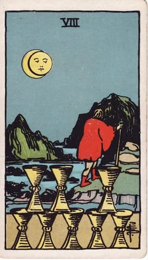 Eight of Cups tarot card from the Rider-Waite-Smith deck