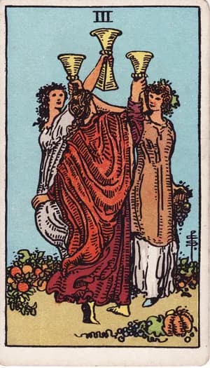 Three of Cups tarot card from the Rider-Waite-Smith deck