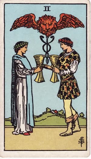 Two of Cups tarot card from the Rider-Waite-Smith deck