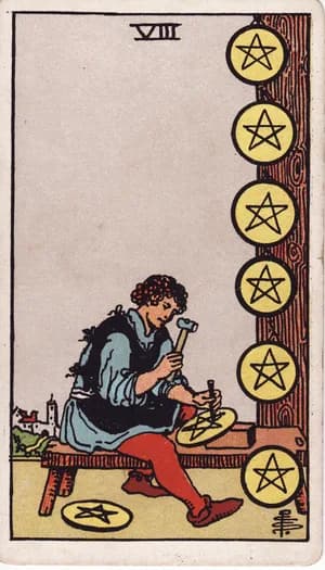 Eight of Pentacles tarot card from the Rider-Waite-Smith deck