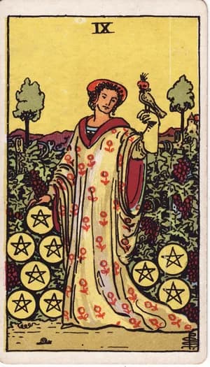 Nine of Pentacles tarot card from the Rider-Waite-Smith deck