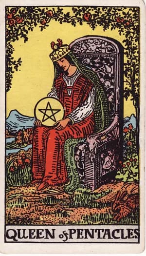 Queen of Pentacles tarot card from the Rider-Waite-Smith deck