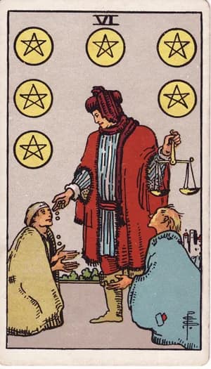 Six of Pentacles tarot card from the Rider-Waite-Smith deck