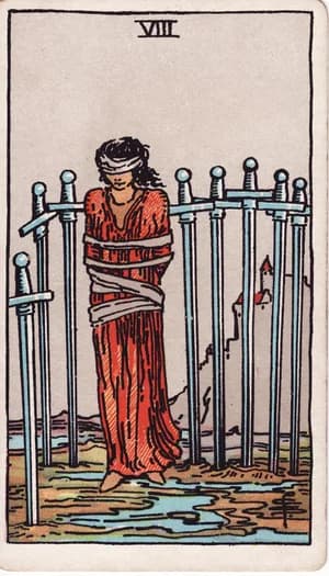 Eight of Swords tarot card from the Rider-Waite-Smith deck