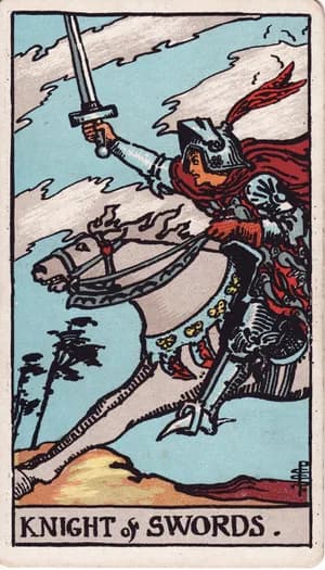 Knight of Swords tarot card from the Rider-Waite-Smith deck