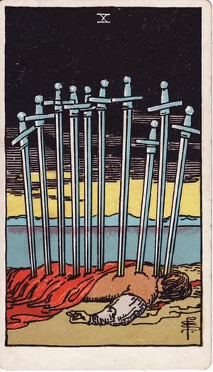 Ten of Swords tarot card from the Rider-Waite-Smith deck