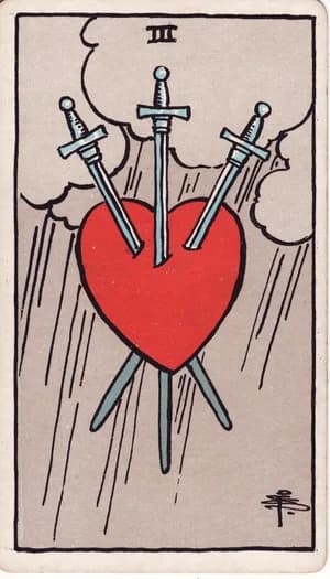 Three of Swords tarot card from the Rider-Waite-Smith deck