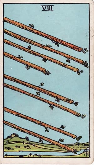 Eight of Wands tarot card from the Rider-Waite-Smith deck