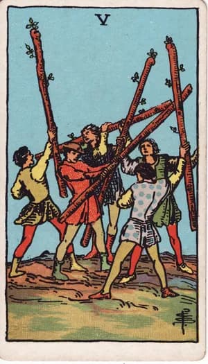 Five of Wands tarot card from the Rider-Waite-Smith deck
