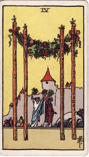 Four of Wands tarot card from the Rider-Waite-Smith deck