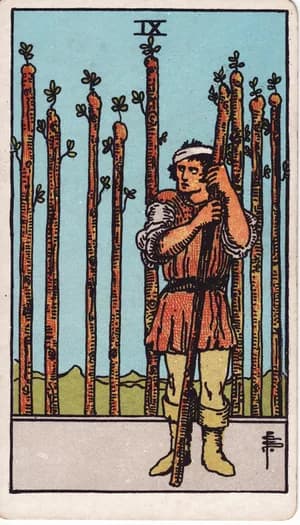 Nine of Wands tarot card from the Rider-Waite-Smith deck