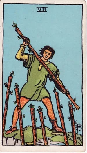 Seven of Wands tarot card from the Rider-Waite-Smith deck