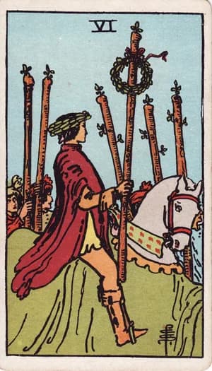 Six of Wands tarot card from the Rider-Waite-Smith deck