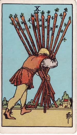 Ten of Wands tarot card from the Rider-Waite-Smith deck