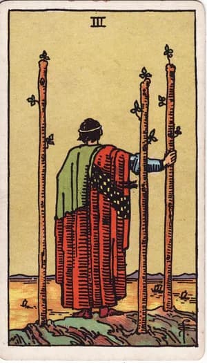 Three of Wands tarot card from the Rider-Waite-Smith deck