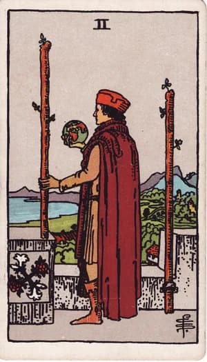 Two of Wands tarot card from the Rider-Waite-Smith deck